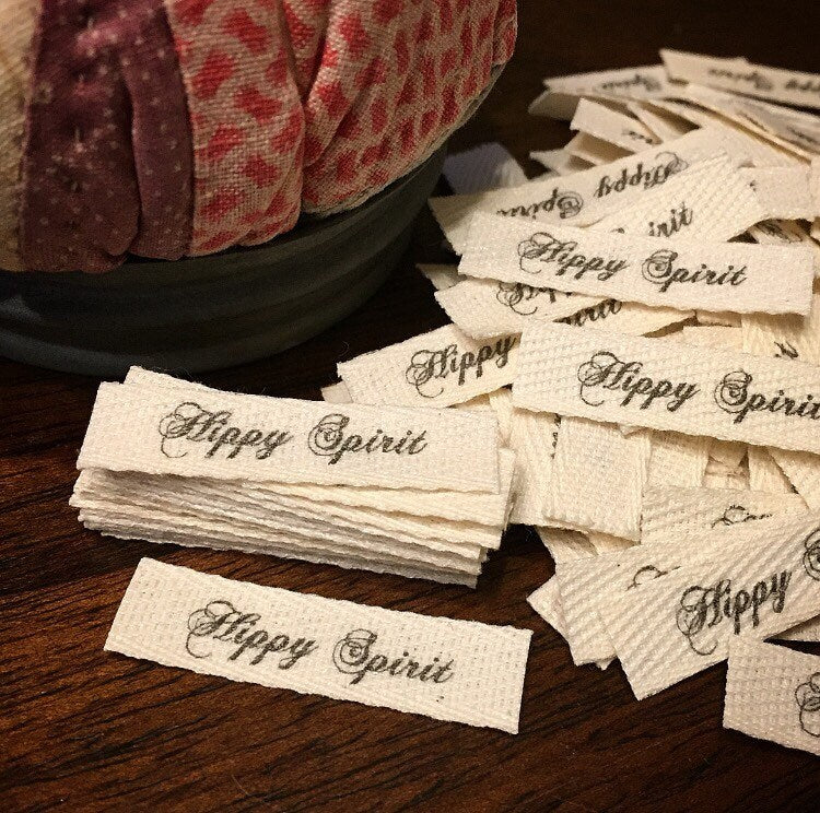 Custom (0.375 inch) pre-CUT - Printed Cotton Twill Ribbon Labels: Flat or Folded, Sew-in - Natural/White