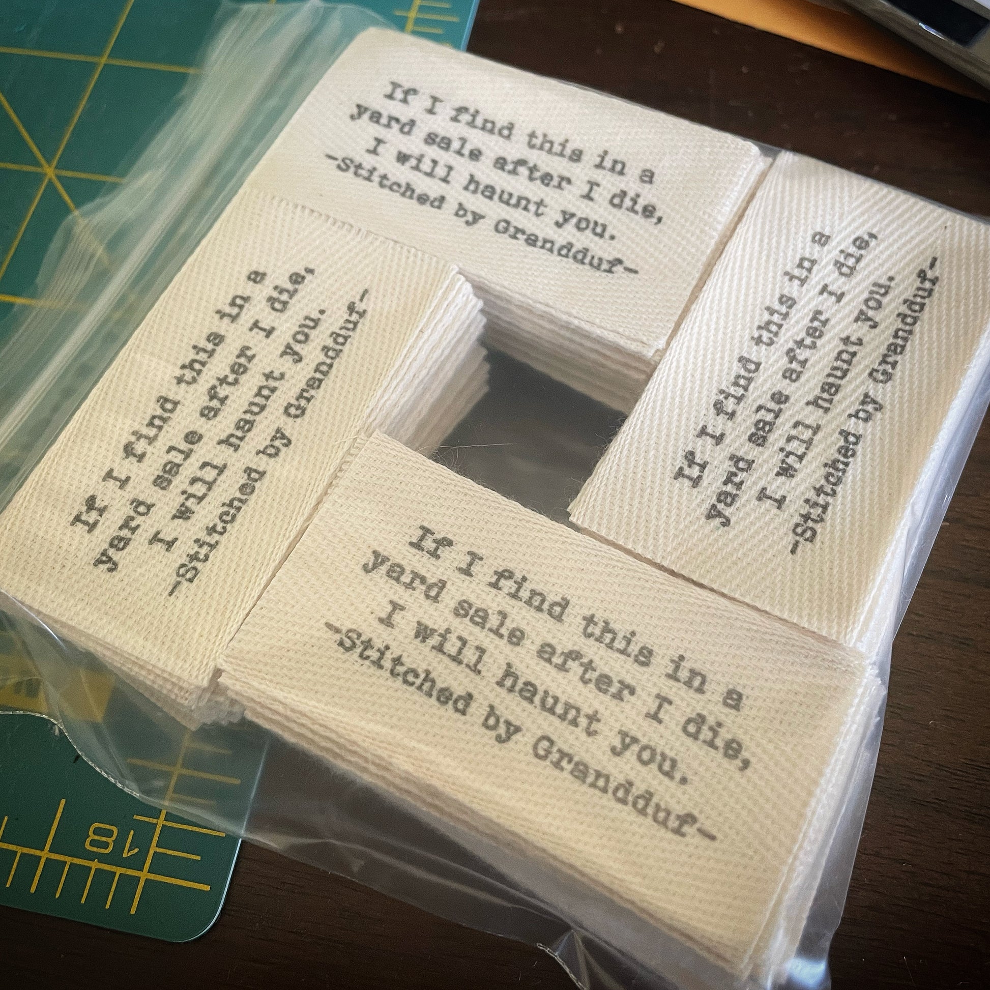 Custom (1.25 inch) Pre-CUT - Printed Cotton Twill Ribbon Labels: Flat or Folded, Sew-in - Natural/White