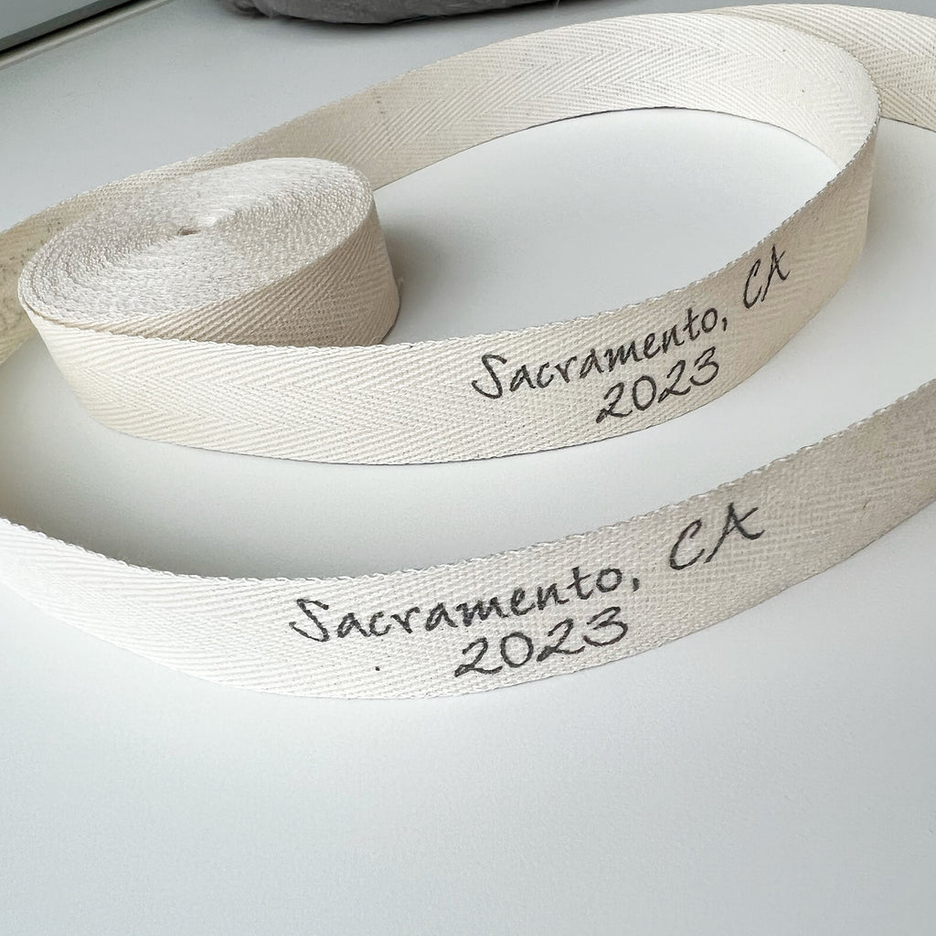 Custom (0.625 inch) SPOOL - Printed Cotton Twill Ribbon Labels: Flat or Folded, Sew-in - Natural/White