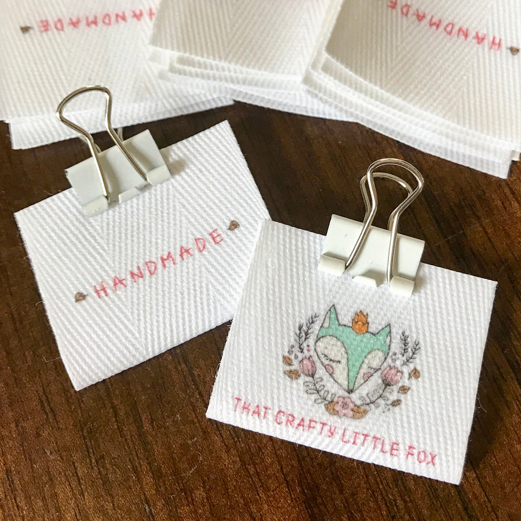 Custom (1.25 inch) Pre-CUT - Printed Cotton Twill Ribbon Labels: Flat or Folded, Sew-in - Natural/White