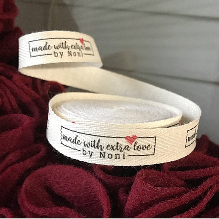 Custom (0.5 inch) SPOOL - Printed Cotton Twill Ribbon Labels: Flat or Folded, Sew-in - Natural/White