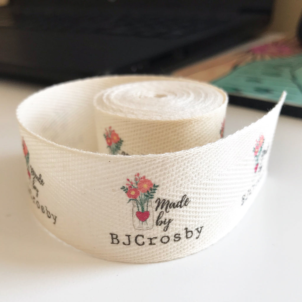 Custom (1 inch) SPOOL - Printed Cotton Twill Ribbon Labels: Flat or Folded, Sew-in - Natural/White