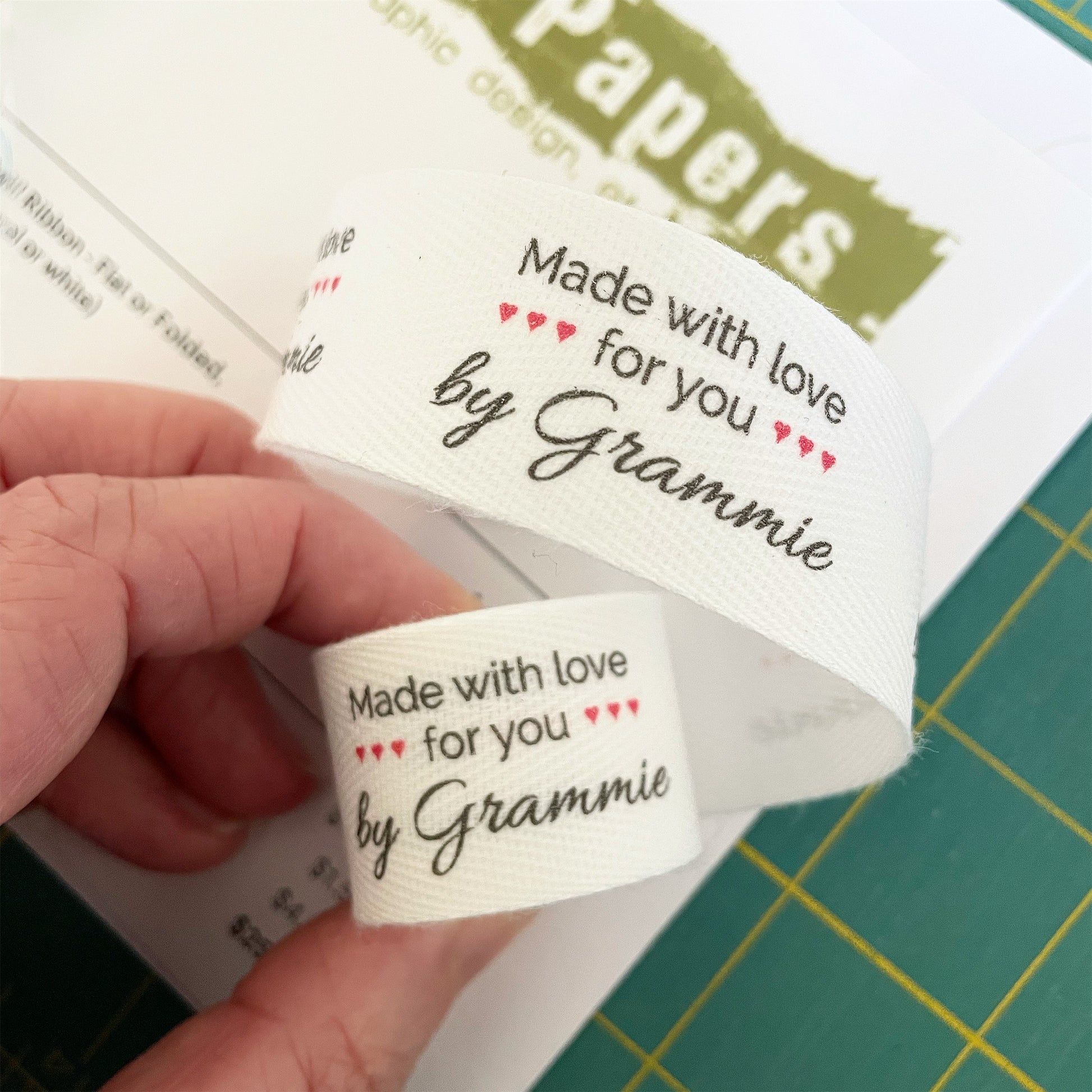 Custom (1 inch) SPOOL - Printed Cotton Twill Ribbon Labels: Flat or Folded, Sew-in - Natural/White