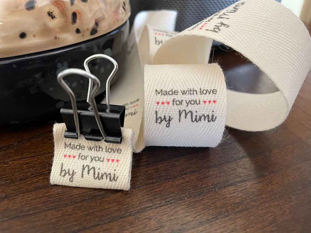 Custom (1 inch) SPOOL - Printed Cotton Twill Ribbon Labels: Flat or Folded, Sew-in - Natural/White