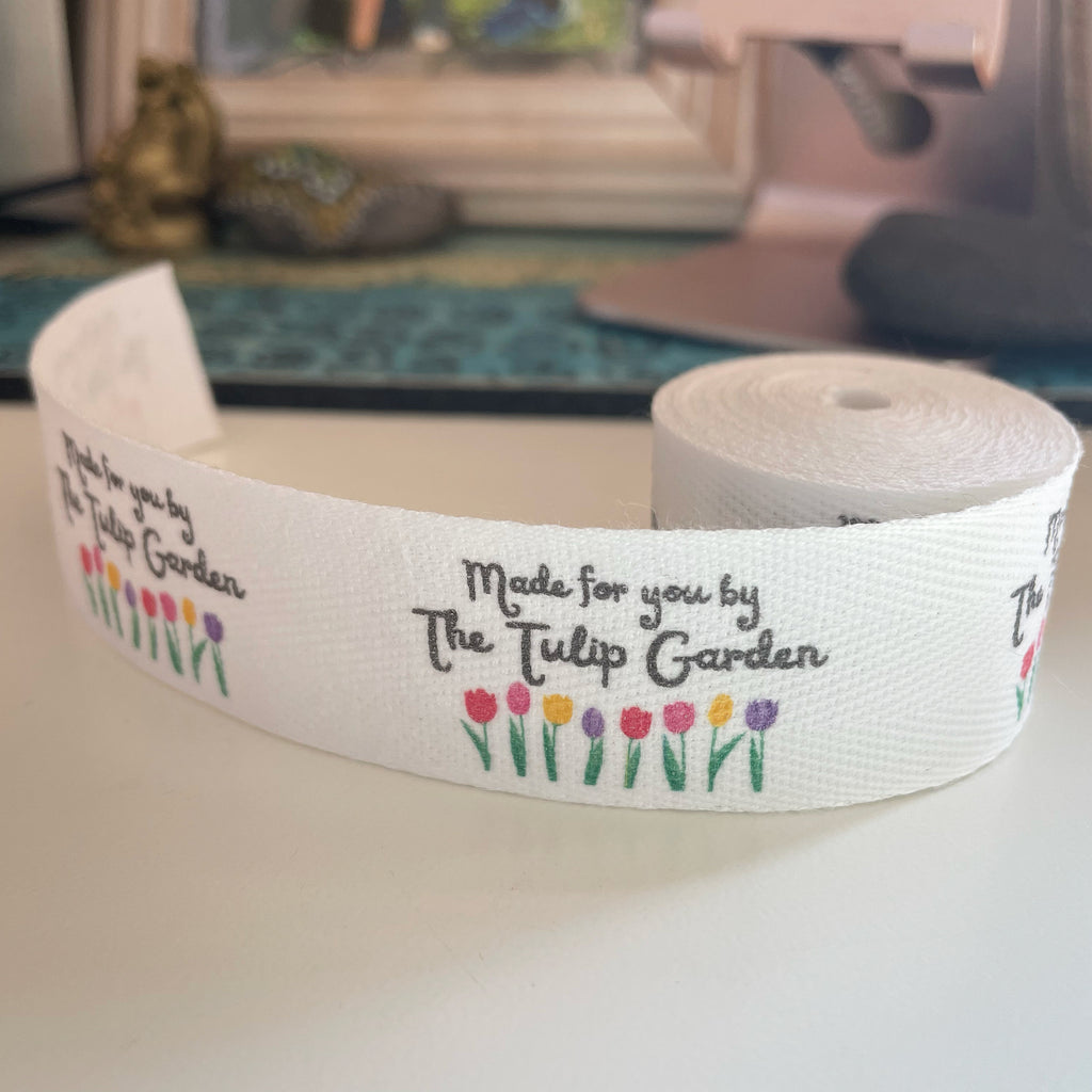 Custom (1 inch) SPOOL - Printed Cotton Twill Ribbon Labels: Flat or Folded, Sew-in - Natural/White