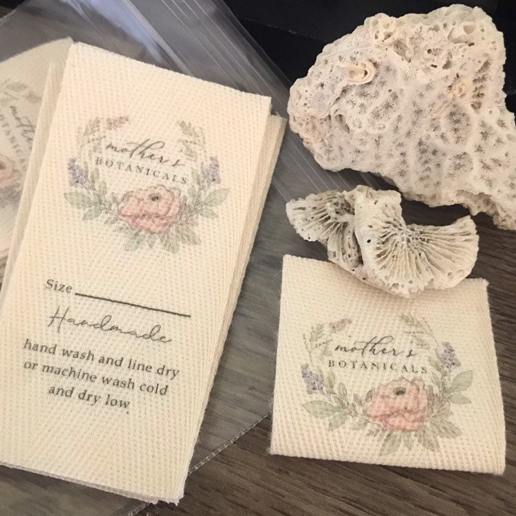Custom (1.5 inch) Pre-CUT - Printed Cotton Twill Ribbon Labels: Flat or Folded, Sew-in - Natural/White