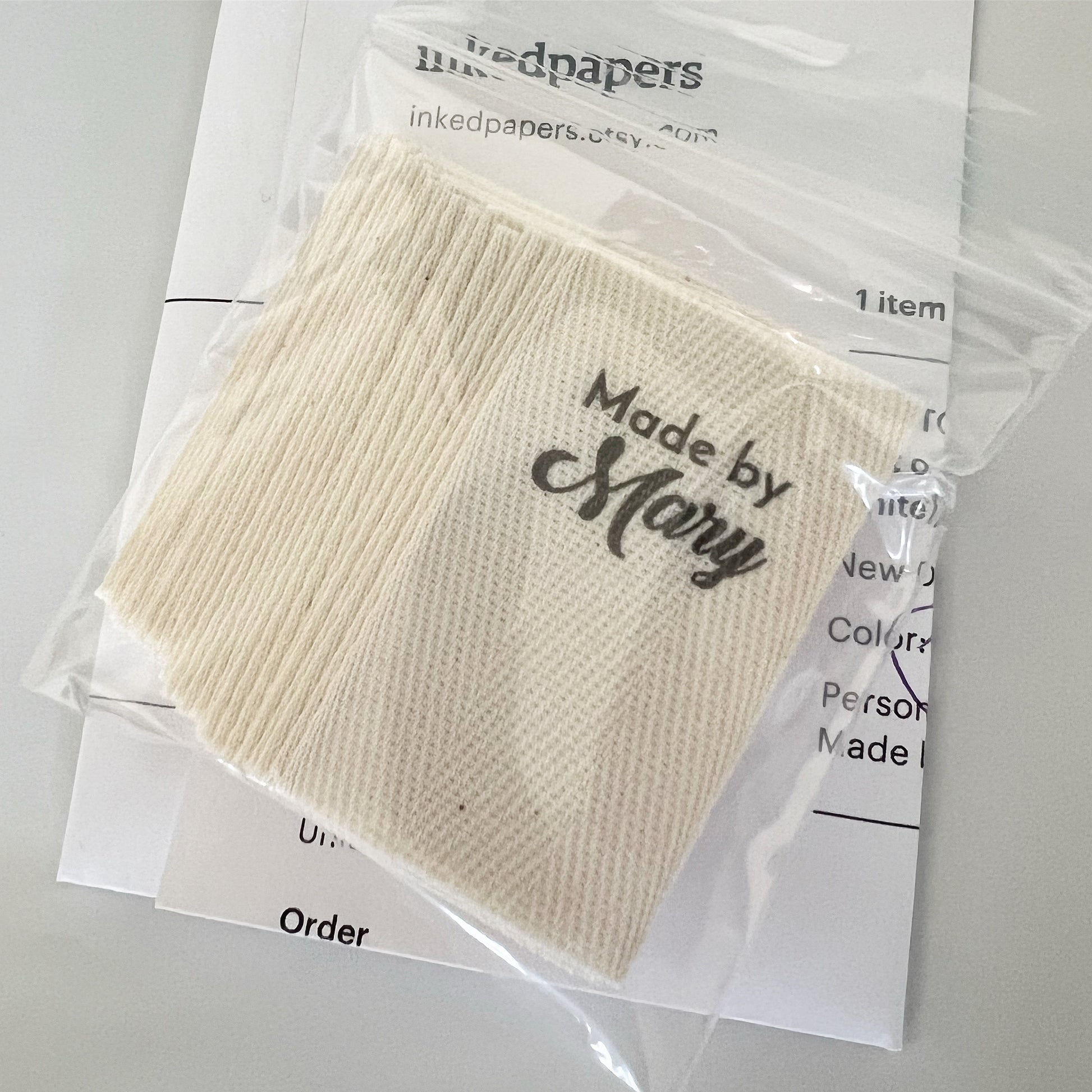 Custom (1 inch) Pre-CUT - Printed Cotton Twill Ribbon Labels: Flat or Folded, Sew-in - Natural/White