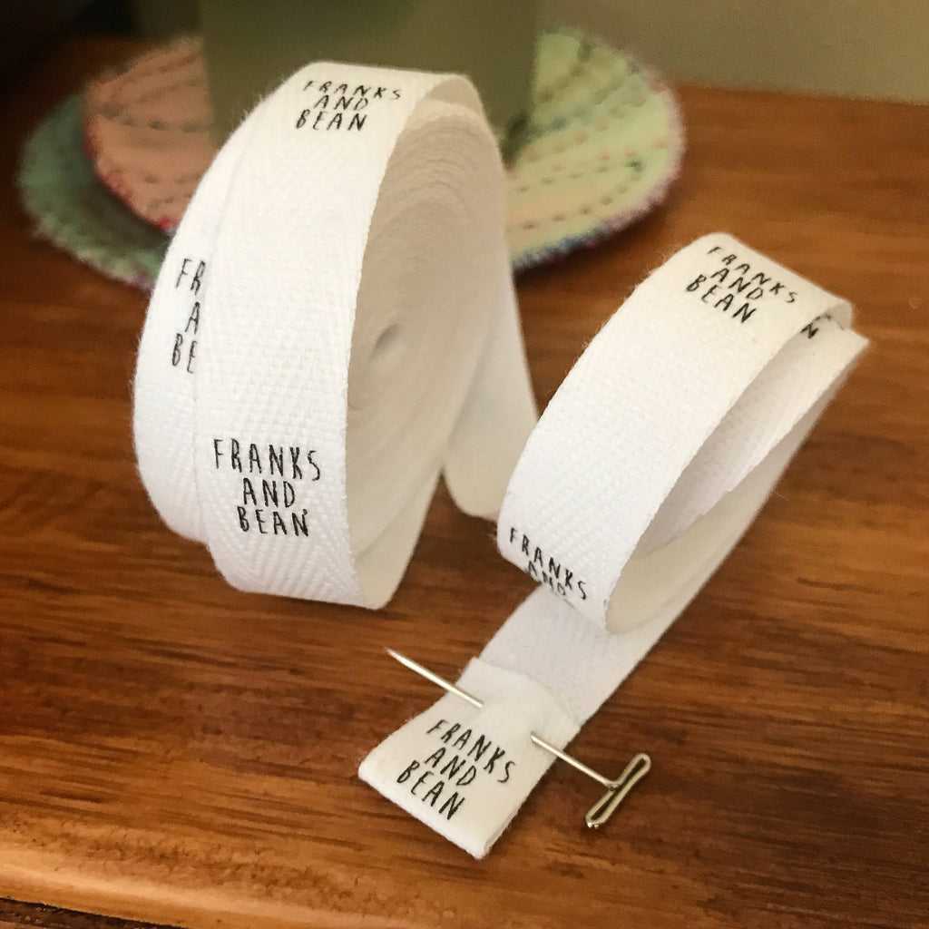 Custom (0.75 inch) SPOOL - Printed Cotton Twill Ribbon Labels: Flat or Folded, Sew-in - Natural/White