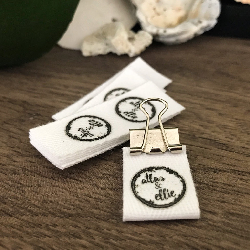 Custom (0.75 inch) Pre-CUT - Printed Cotton Twill Ribbon Labels: Flat or Folded, Sew-in - Natural/White