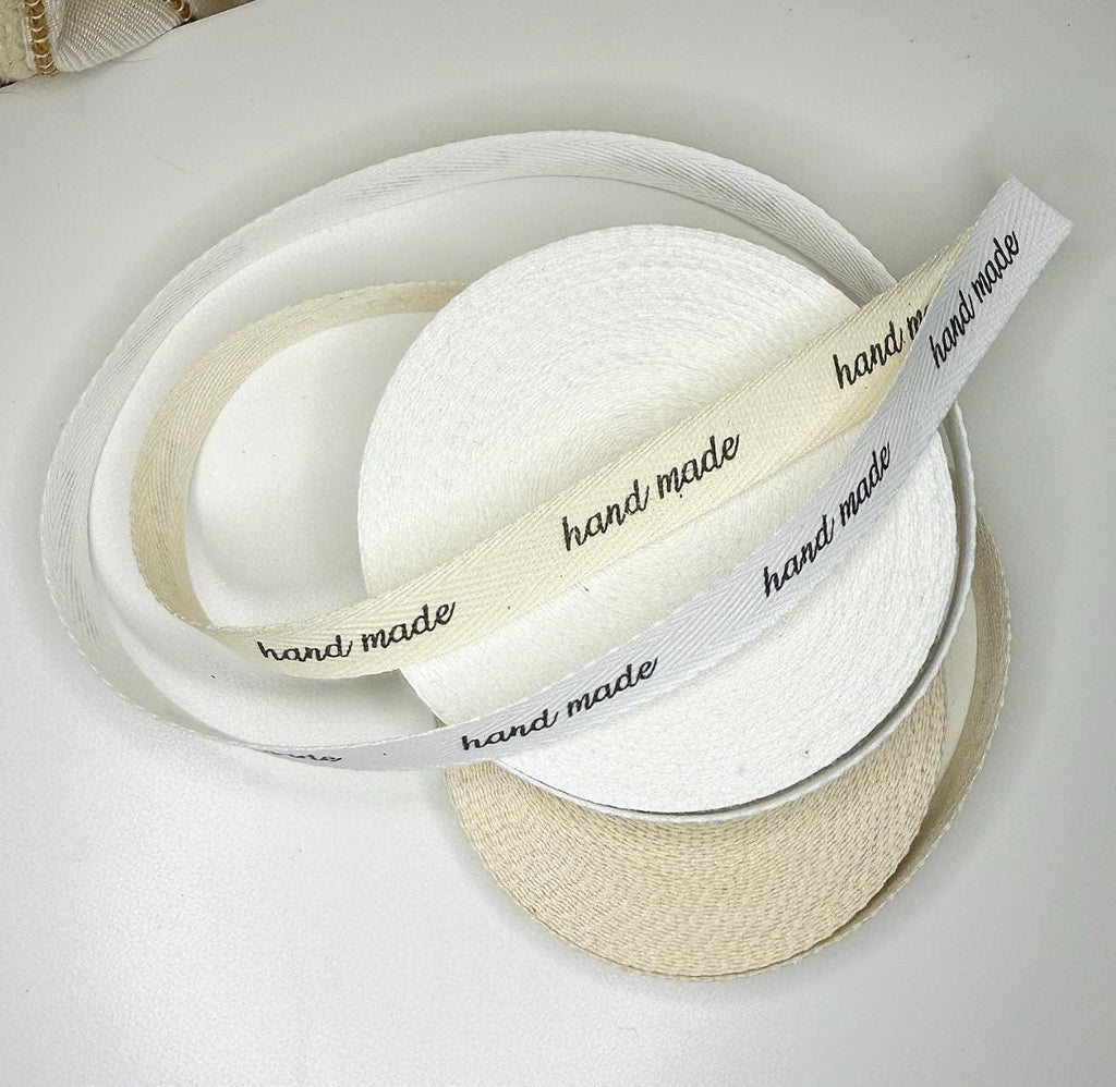 Custom (0.5 inch) SPOOL - Printed Cotton Twill Ribbon Labels: Flat or Folded, Sew-in - Natural/White
