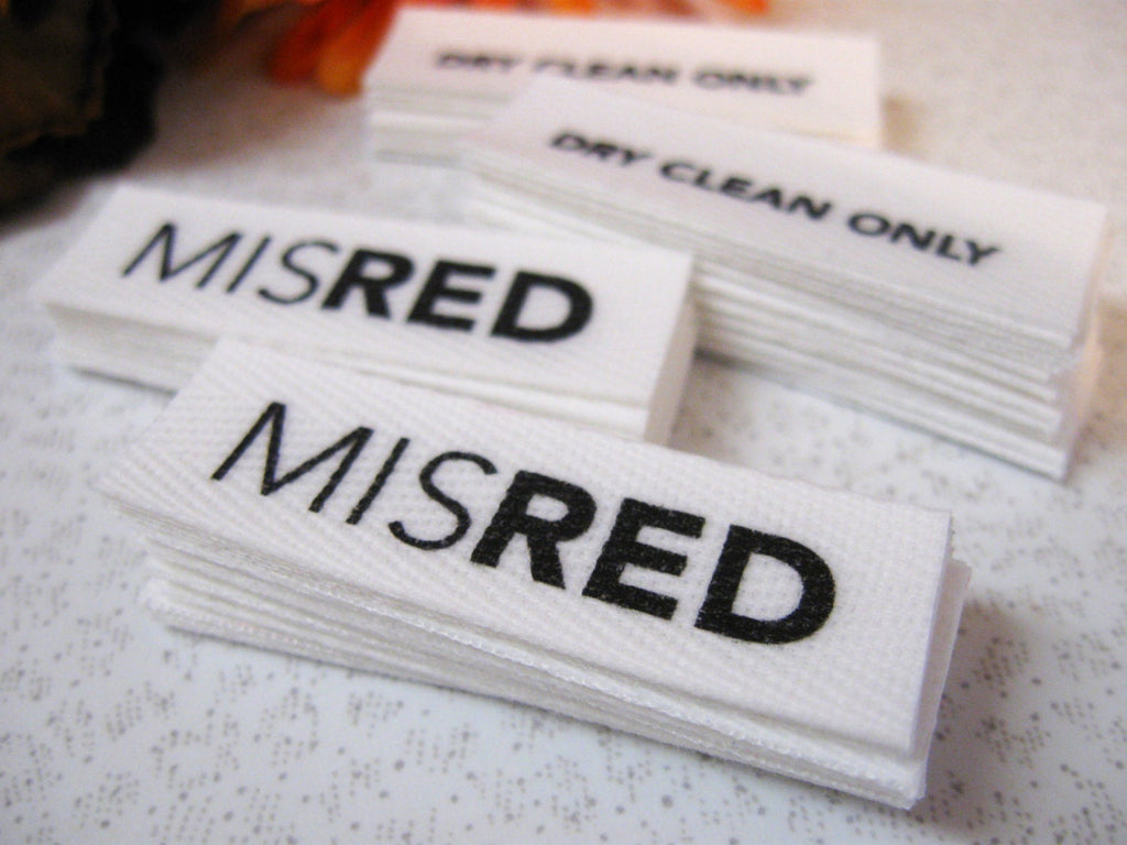 Custom (0.625 inch) Pre-CUT - Printed Cotton Twill Ribbon Labels: Flat or Folded, Sew-in - Natural/White