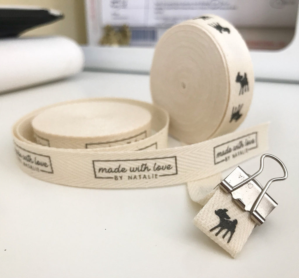 Custom (0.5 inch) SPOOL - Printed Cotton Twill Ribbon Labels: Flat or Folded, Sew-in - Natural/White