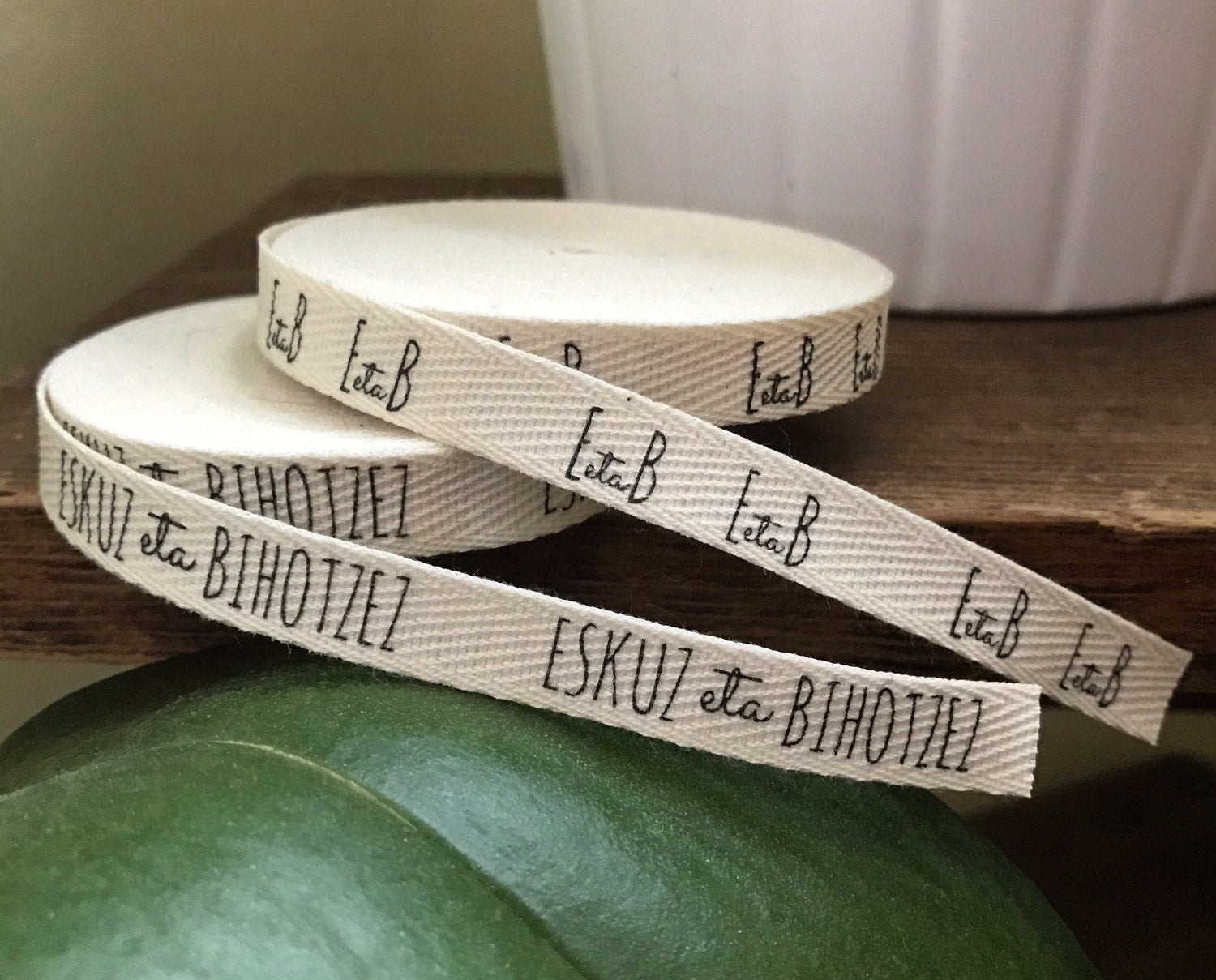 Custom (0.375 inch) SPOOL - Printed Cotton Twill Ribbon Labels: Flat or Folded, Sew-in - Natural/White