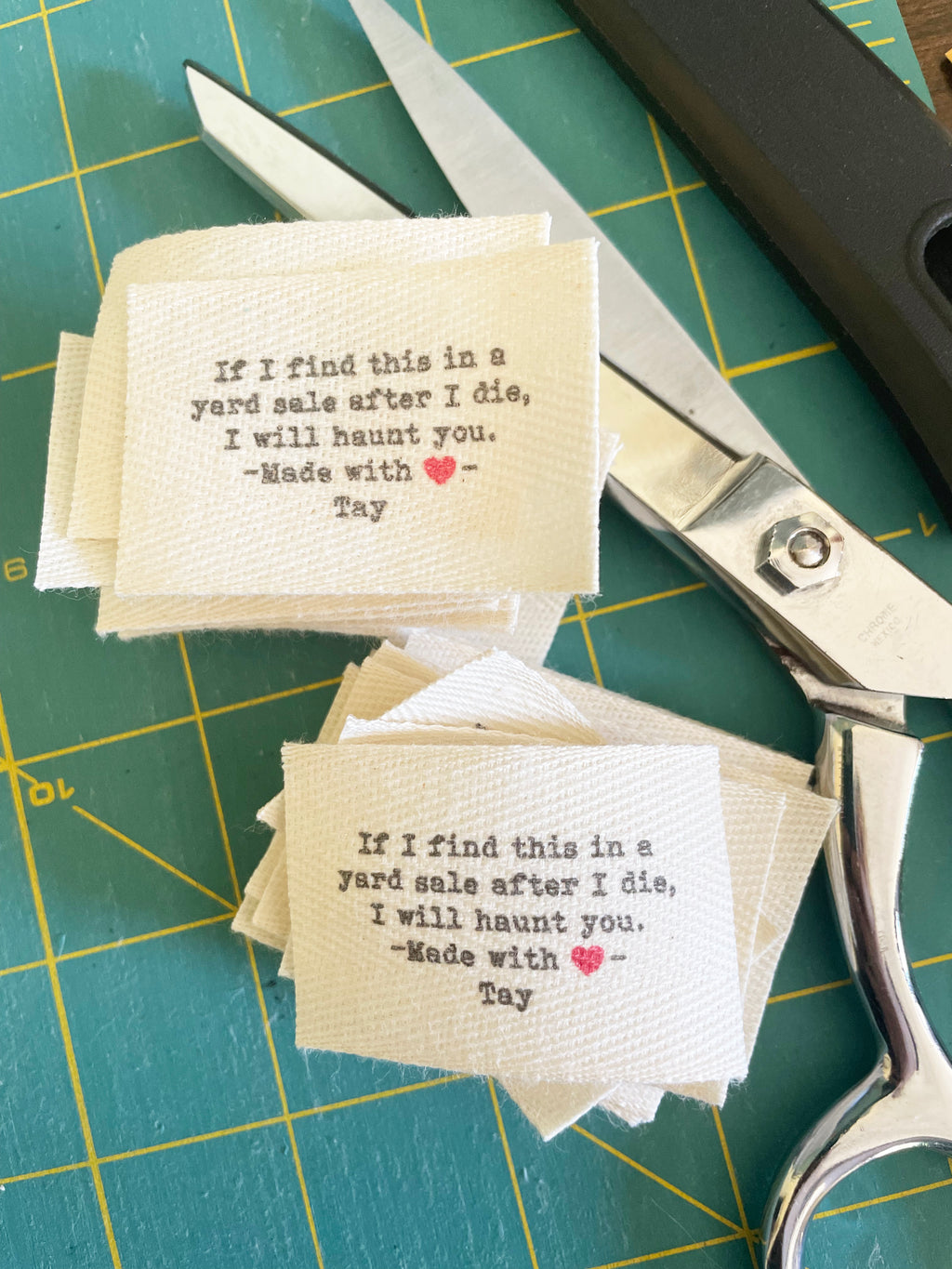 Custom (1.5 inch) Pre-CUT - Printed Cotton Twill Ribbon Labels: Flat or Folded, Sew-in - Natural/White