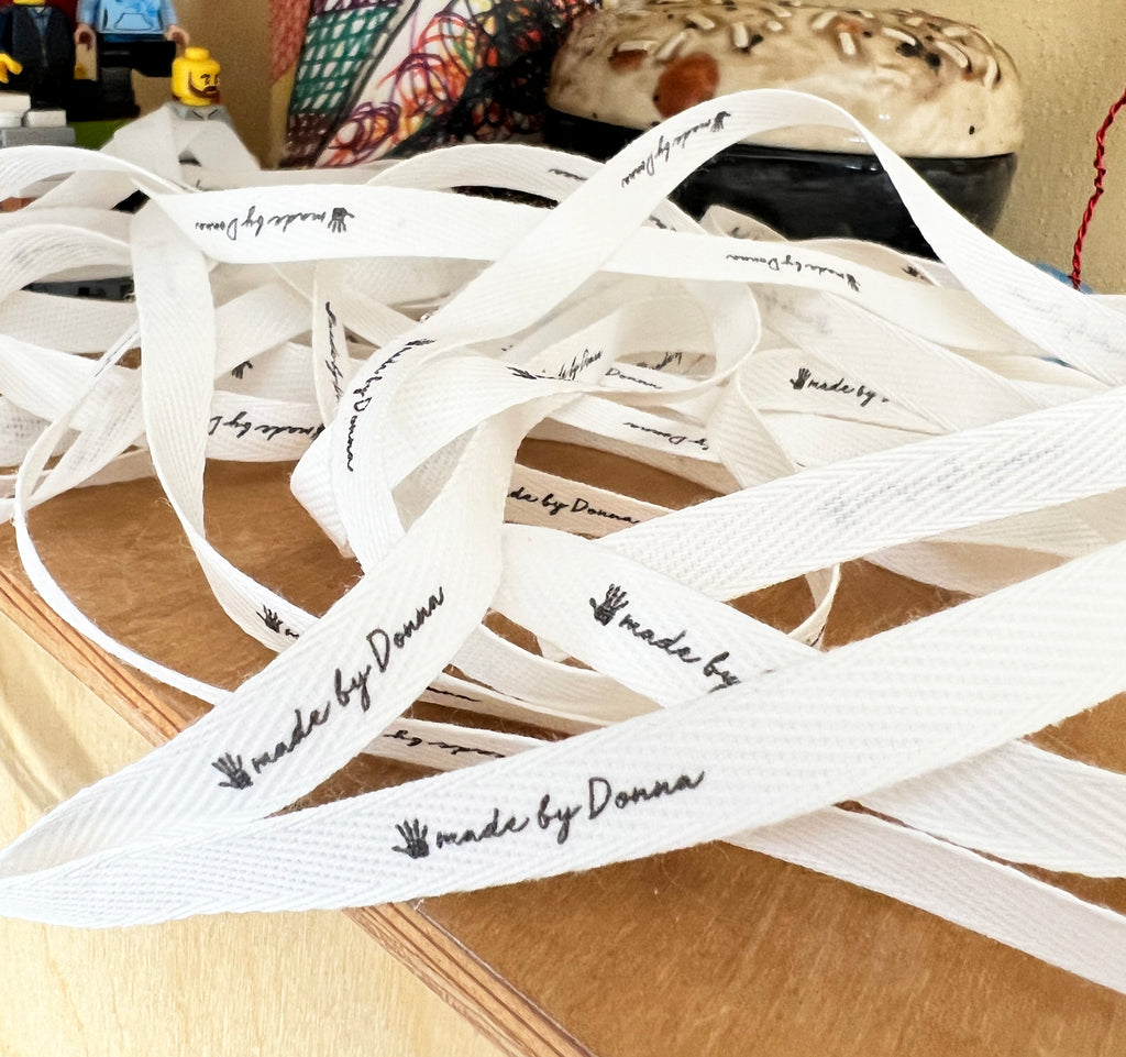 Custom (0.375 inch) SPOOL - Printed Cotton Twill Ribbon Labels: Flat or Folded, Sew-in - Natural/White