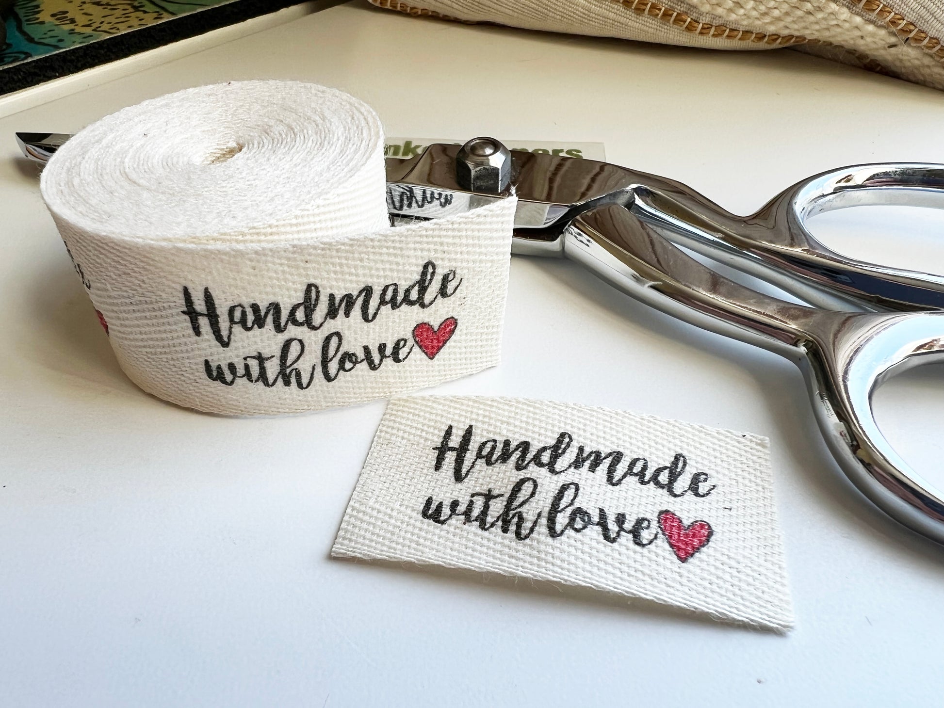 Custom (1 inch) Pre-CUT - Printed Cotton Twill Ribbon Labels: Flat or Folded, Sew-in - Natural/White