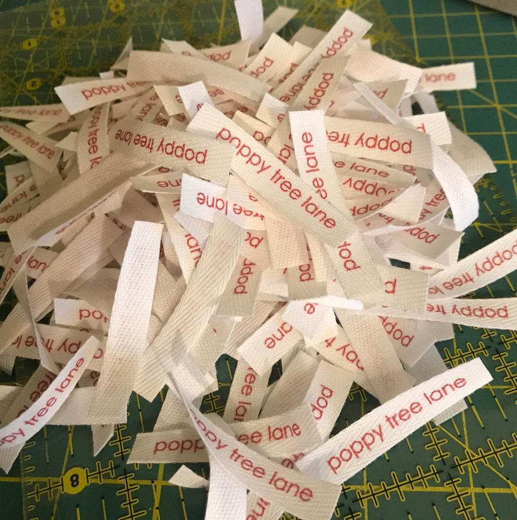Custom (0.375 inch) pre-CUT - Printed Cotton Twill Ribbon Labels: Flat or Folded, Sew-in - Natural/White