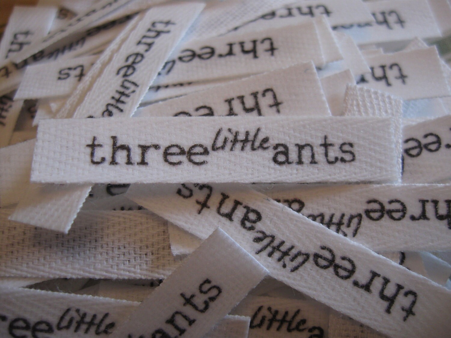 Custom (0.375 inch) pre-CUT - Printed Cotton Twill Ribbon Labels: Flat or Folded, Sew-in - Natural/White