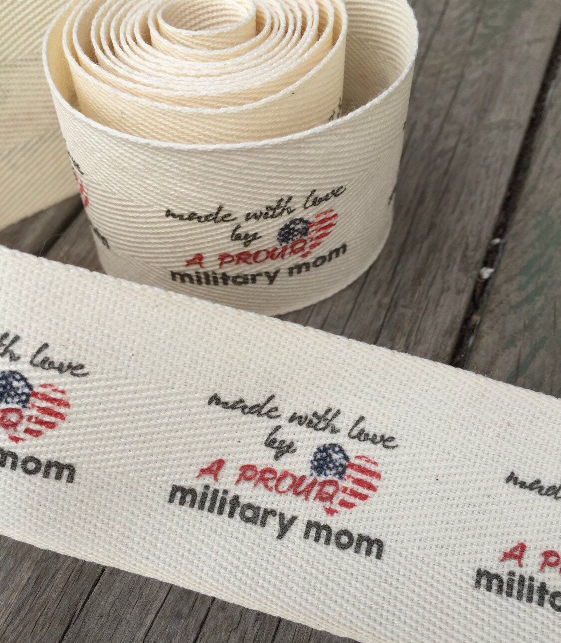Custom (1.5 inch) SPOOL - Printed Cotton Twill Ribbon Labels: Flat or Folded, Sew-in - Natural/White