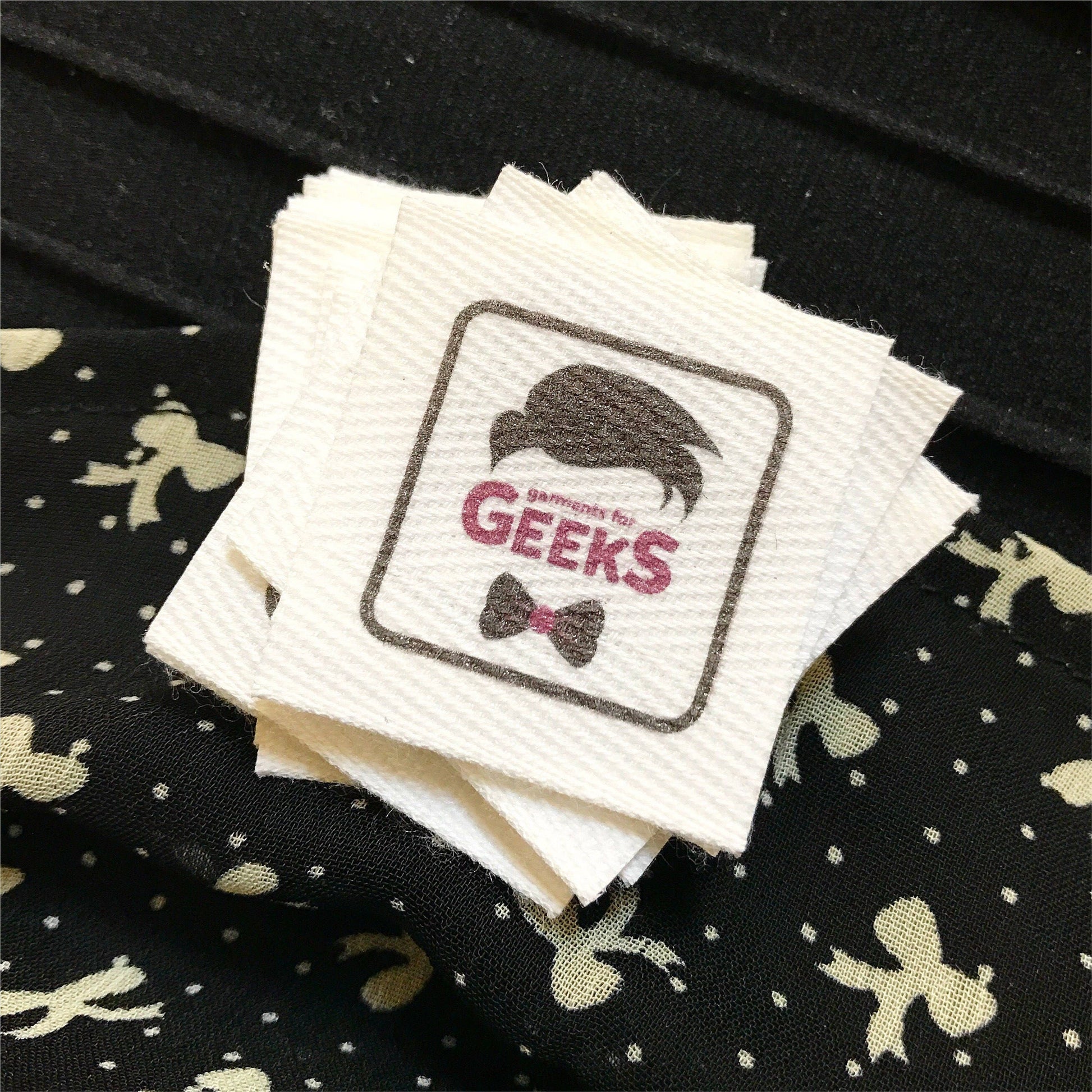 Custom (1.5 inch) Pre-CUT - Printed Cotton Twill Ribbon Labels: Flat or Folded, Sew-in - Natural/White