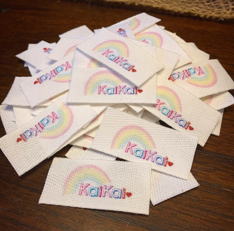 Custom (0.75 inch) Pre-CUT - Printed Cotton Twill Ribbon Labels: Flat or Folded, Sew-in - Natural/White