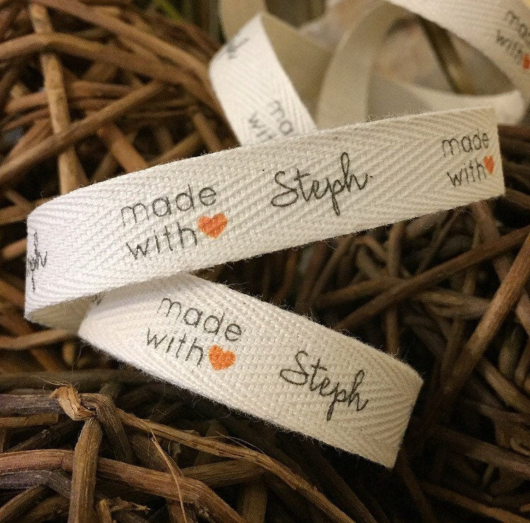 Custom (0.5 inch) SPOOL - Printed Cotton Twill Ribbon Labels: Flat or Folded, Sew-in - Natural/White