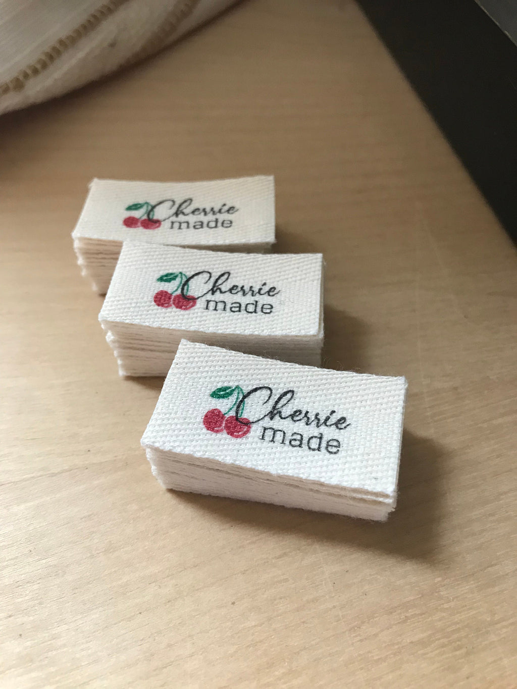 Custom (0.75 inch) Pre-CUT - Printed Cotton Twill Ribbon Labels: Flat or Folded, Sew-in - Natural/White