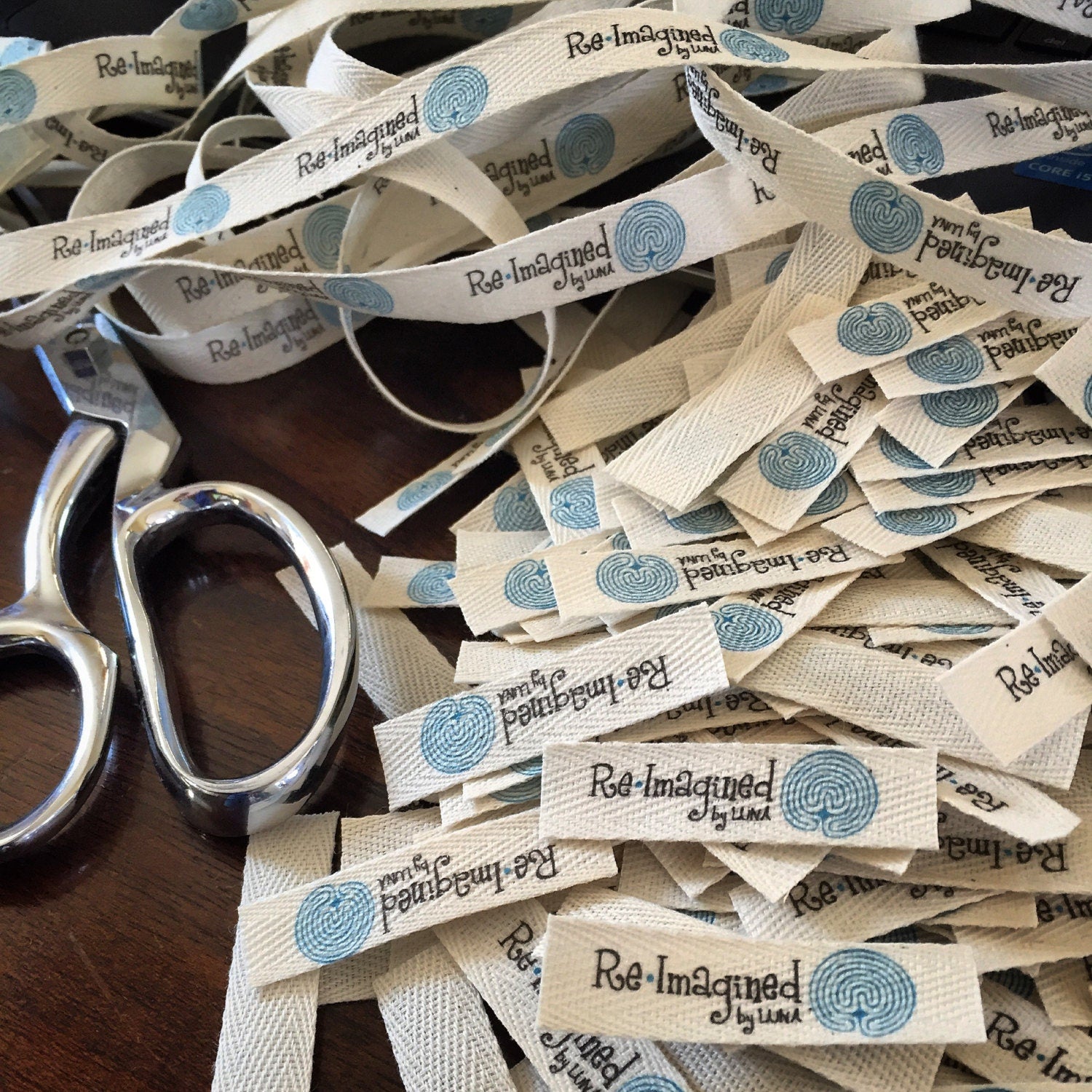 Custom (0.5 inch) pre-CUT - Printed Cotton Twill Ribbon Labels: Flat or Folded, Sew-in - Natural/White