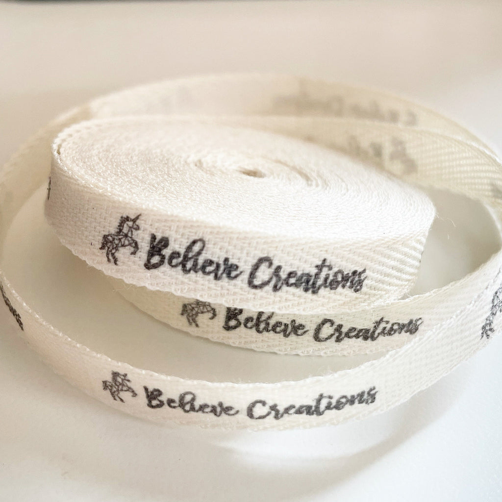 Custom (0.5 inch) SPOOL - Printed Cotton Twill Ribbon Labels: Flat or Folded, Sew-in - Natural/White
