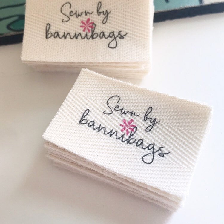 Custom (1 inch) Pre-CUT - Printed Cotton Twill Ribbon Labels: Flat or Folded, Sew-in - Natural/White