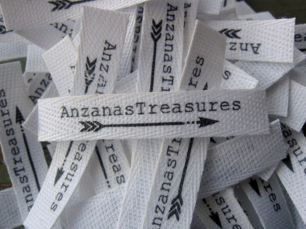 Custom (0.375 inch) pre-CUT - Printed Cotton Twill Ribbon Labels: Flat or Folded, Sew-in - Natural/White