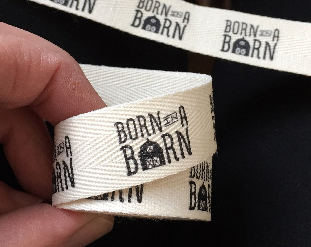 Custom (0.75 inch) SPOOL - Printed Cotton Twill Ribbon Labels: Flat or Folded, Sew-in - Natural/White