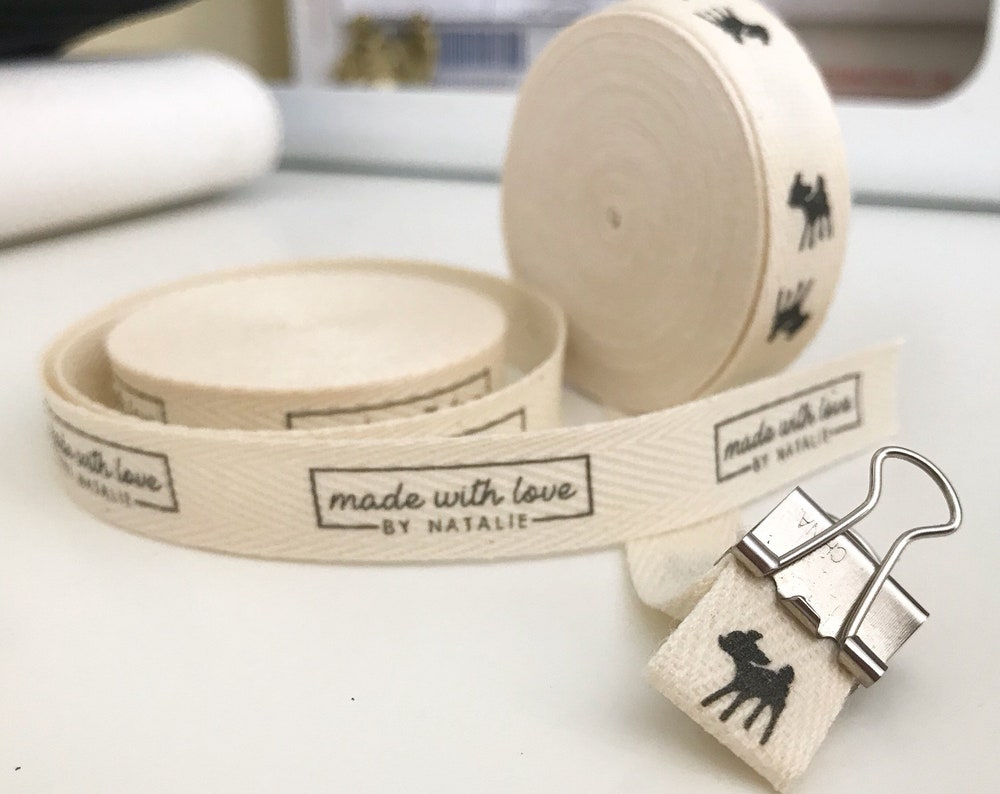 Custom (0.5 inch) SPOOL - Printed Cotton Twill Ribbon Labels: Flat or Folded, Sew-in - Natural/White