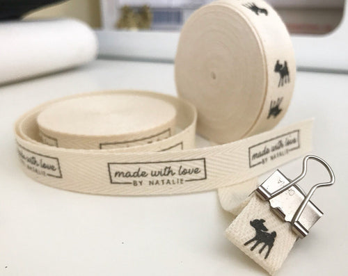 Custom (0.5 inch) SPOOL - Printed Cotton Twill Ribbon Labels: Flat or Folded, Sew-in - Natural/White