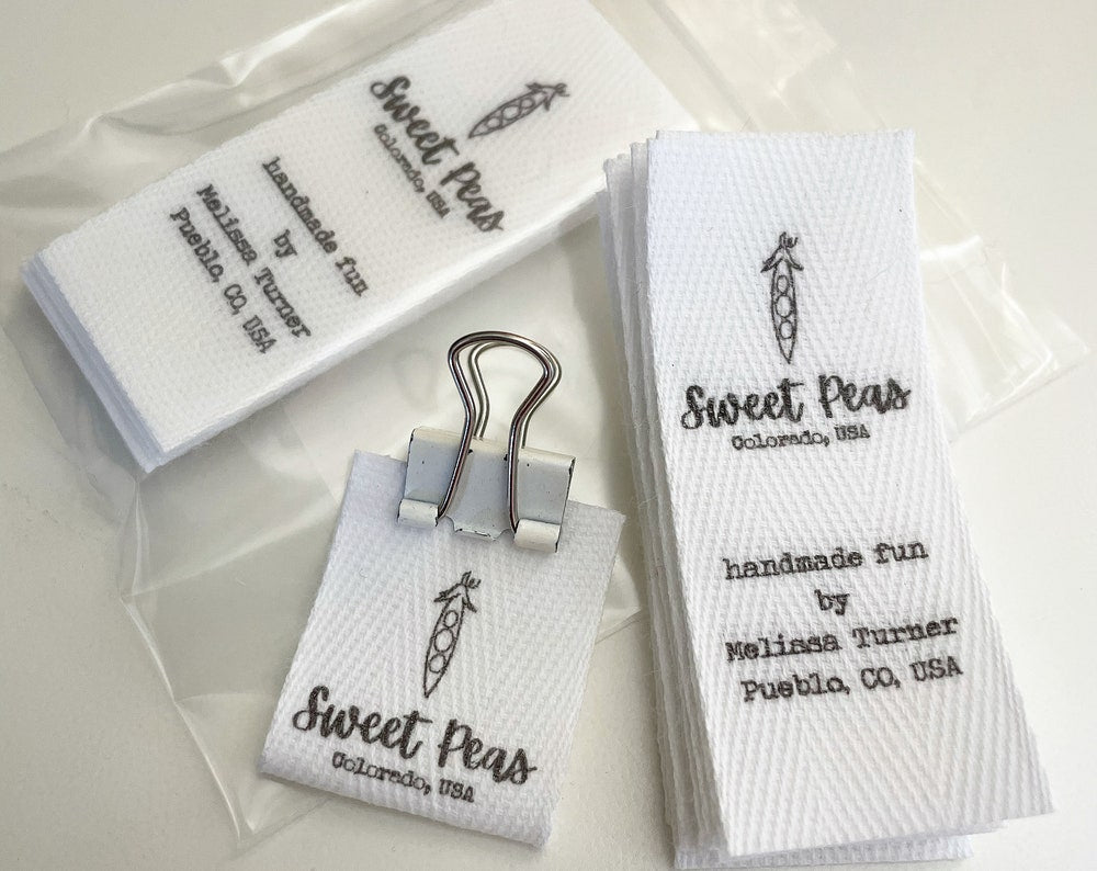 Custom (1 inch) Pre-CUT - Printed Cotton Twill Ribbon Labels: Flat or Folded, Sew-in - Natural/White