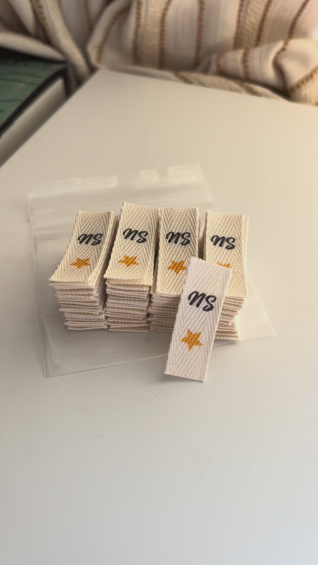 Custom (0.375 inch) pre-CUT - Printed Cotton Twill Ribbon Labels: Flat or Folded, Sew-in - Natural/White
