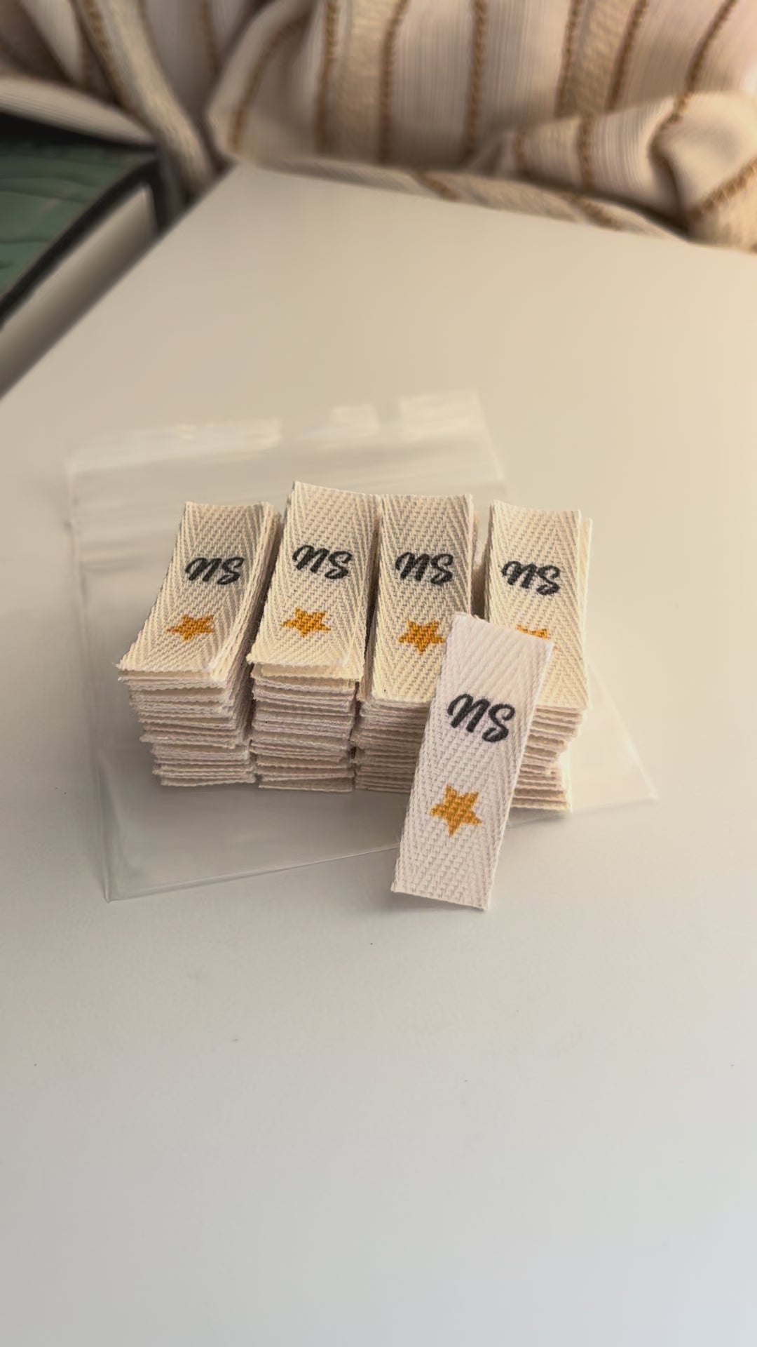 Custom (0.375 inch) pre-CUT - Printed Cotton Twill Ribbon Labels: Flat or Folded, Sew-in - Natural/White