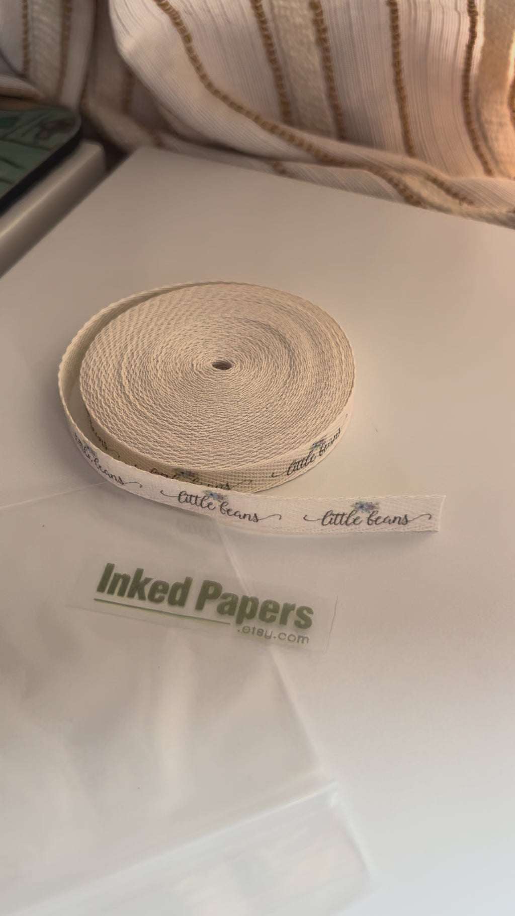 Custom (0.375 inch) SPOOL - Printed Cotton Twill Ribbon Labels: Flat or Folded, Sew-in - Natural/White