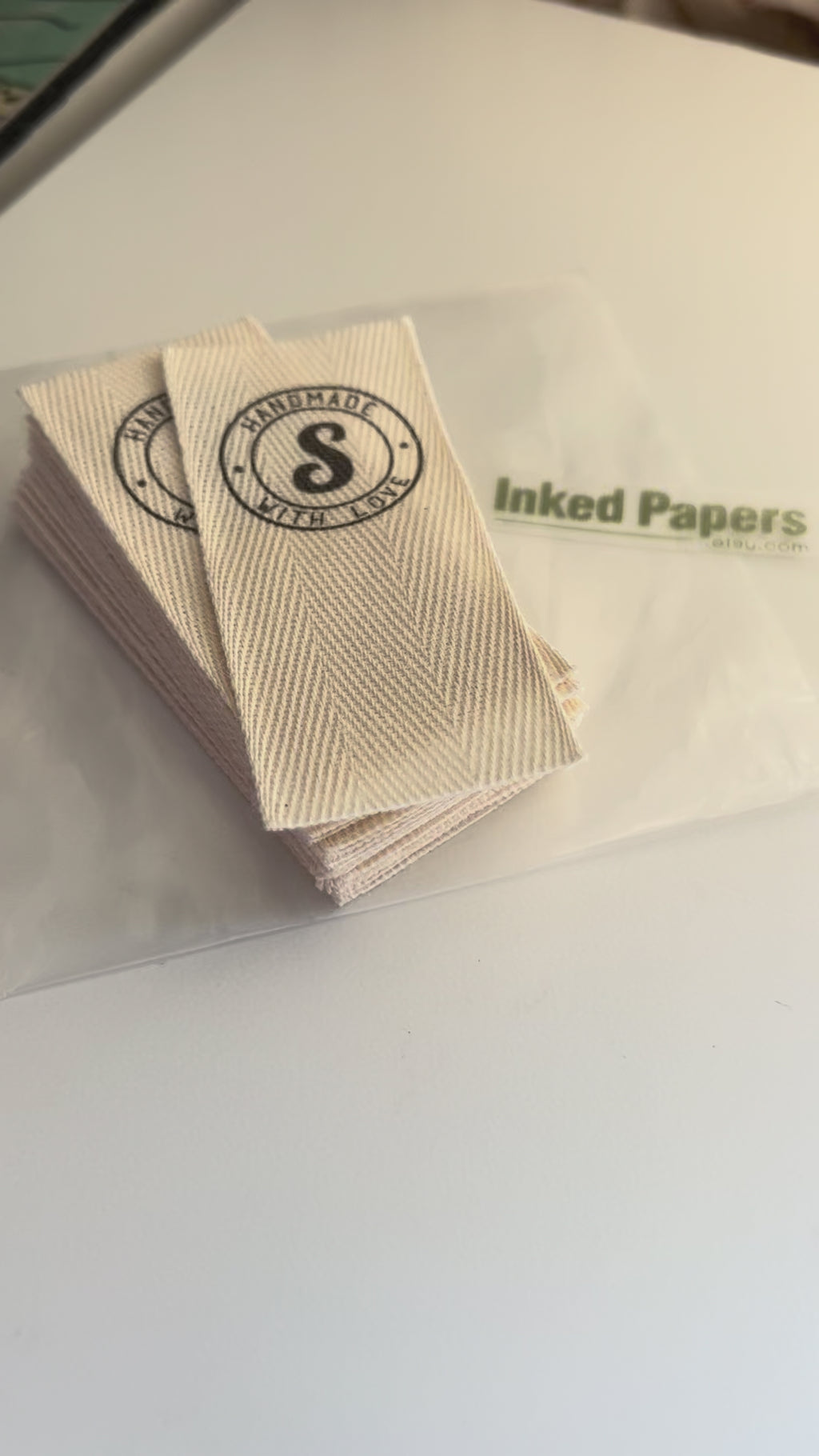 Custom (1 inch) Pre-CUT - Printed Cotton Twill Ribbon Labels: Flat or Folded, Sew-in - Natural/White